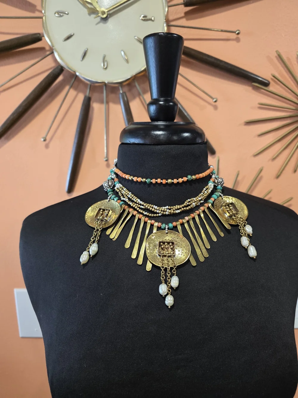 Layered Gold Medallion Necklace with Turquoise and Coral Beads
